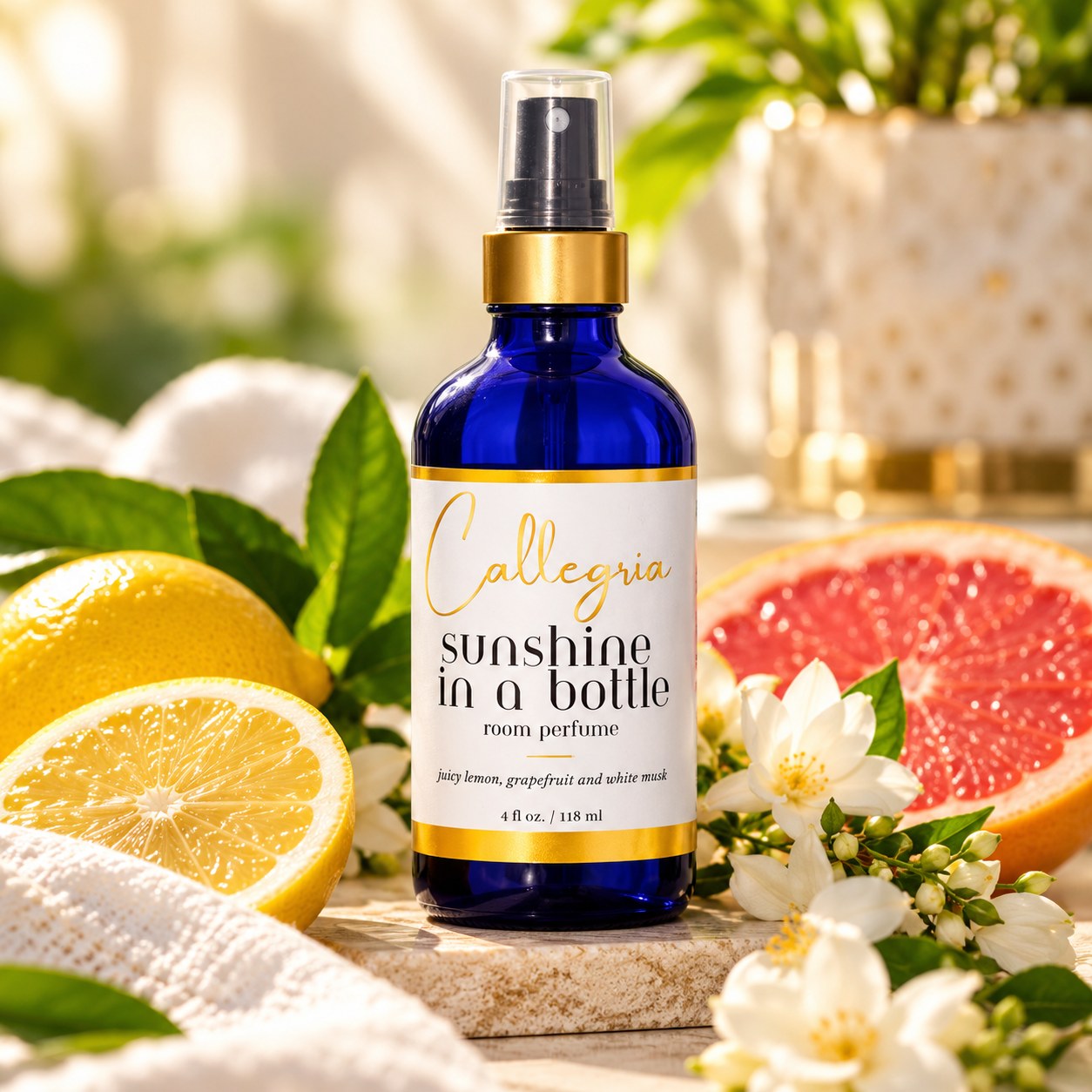 Callegria Sunshine in a Bottle fragrance presentation concept with citrus and warm natural finishes